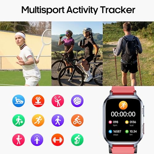 Yowow BIT Blood Pressure Smart Watch, 2.01" Enlager HD Screen,One -Click SOS, Heart Rate/Blood Oxygen/Sleep Monitor, Multiple Movement Activity Tracker,Bluetooth Calls,Family Data Sharing (Red)