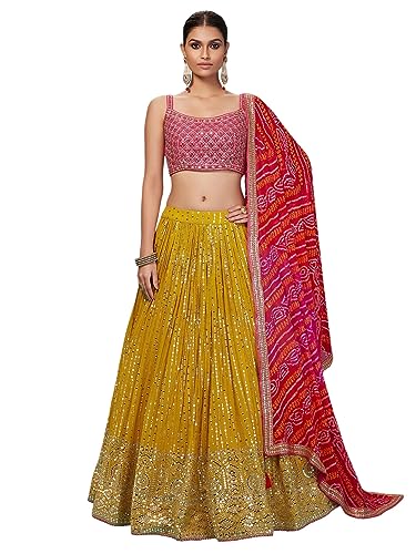 Zeel Clothing Women's Real Mirror Work Georgette New Semi Stitched Lehenga Choli With Dupatta (5077-Yellow-Pink-Fascinating-Designer-Lehenga-Choli; Free Size)