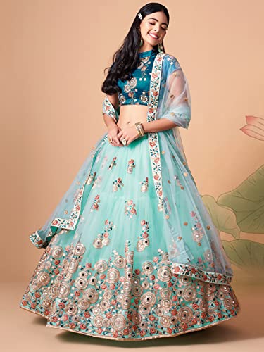 Zeel Clothing Women's Net Embroidered Semi-Stitched Bridal New Lehenga Choli with Dupatta (7320-SkyBlue-Wedding-Bridal-Latest; Free Size) (Sky Blue)