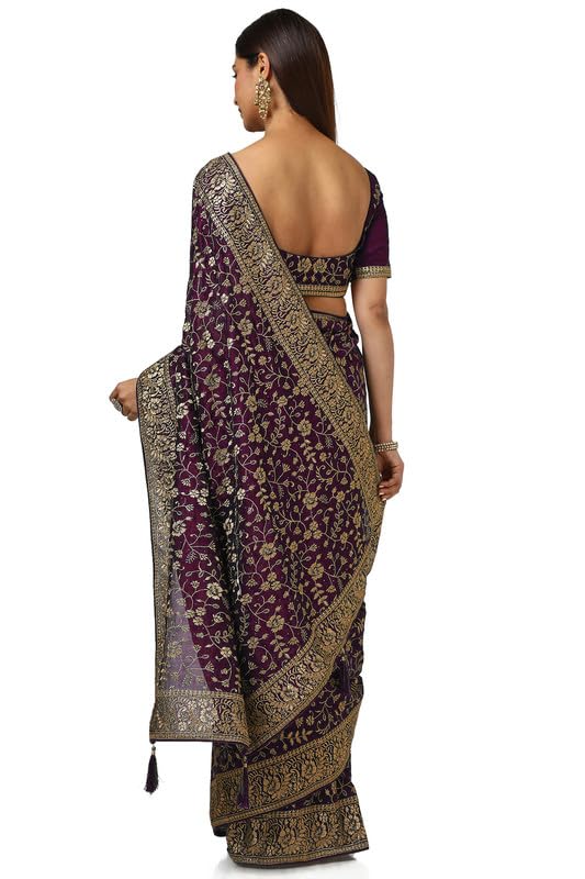 Soch Womens Wine Tussar Embroidered Saree With Tassels