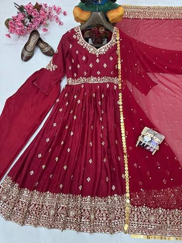 styledaura Women Chinon Silk Embroidered Anarkali Gown with Dupatta | Sequins & Zari Work | Fully Stitched Ethnic Wear | Long Flared Dress (Size-M, Maroon) (in, Alpha, XL, Regular)