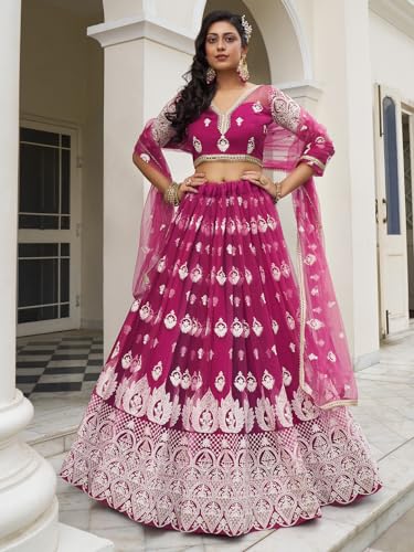 Zeel Clothing Women's Thread Sequins Work Embroidery Net Astonishing Semi-Stitched Lehenga Choli With Dupatta (2134-Pink-Wedding-Women-Lehenga-Choli-Latest; Free Size)