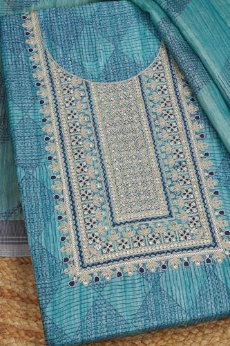 Soch Womens Turquoise Blue Art Silk Geometric Print Unstitch Dress Material With Zari