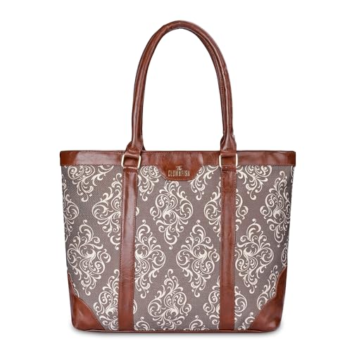 THE CLOWNFISH Miranda Series 15.6 inch Laptop Bag For Women Printed Handicraft Fabric & Faux Leather Office Bag Briefcase Hand Messenger bag Tote Shoulder Bag (Brown)