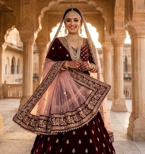 Navti Creations Women's Heavy Net Dupatta With Zari Embroidery Heavy Border (Stone work, 2.25m) (Peach- Maroon)