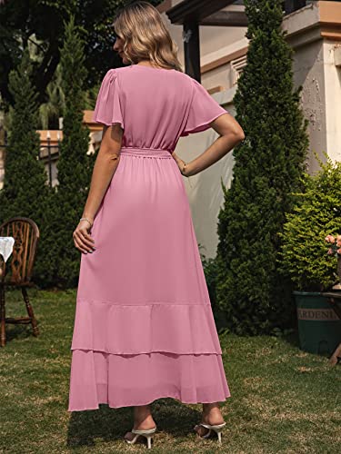 Simplee Womens Summer Chiffon Wrap Casual Maxi Ruffle Split Dress Flowy Bridesmaid Wedding Party Evening Cocktail with Belt, Ruffle-pink Purple, XL