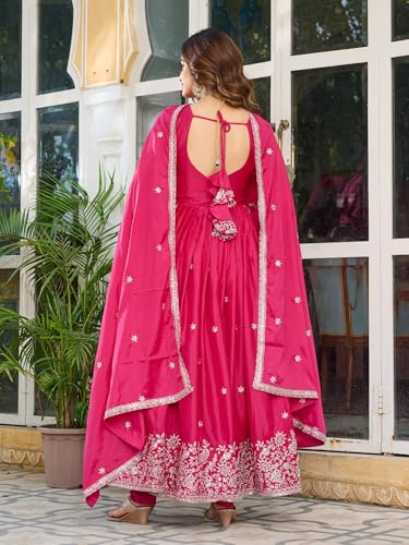 LEELI PEERI DESIGNER Women's American Silk Sequence Work Pink Anarkali Kurta with Trouser and Dupatta(52PDM1-XL)