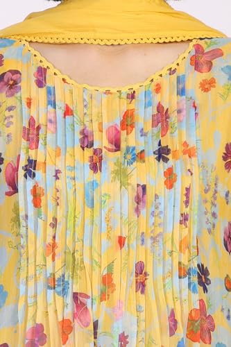 W for Woman Floral Printed Lace Trim Flared Chiffon Kurta with Pant and Dupatta Set - Yellow (WS12923-125894-XXL)