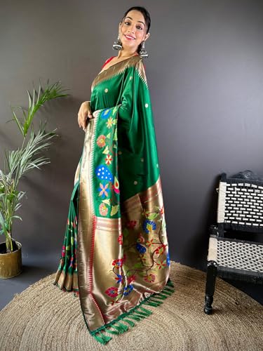 Panzora Women's Green Kanjivaram Paithani Silk Saree With Unstitched Blouse Piece