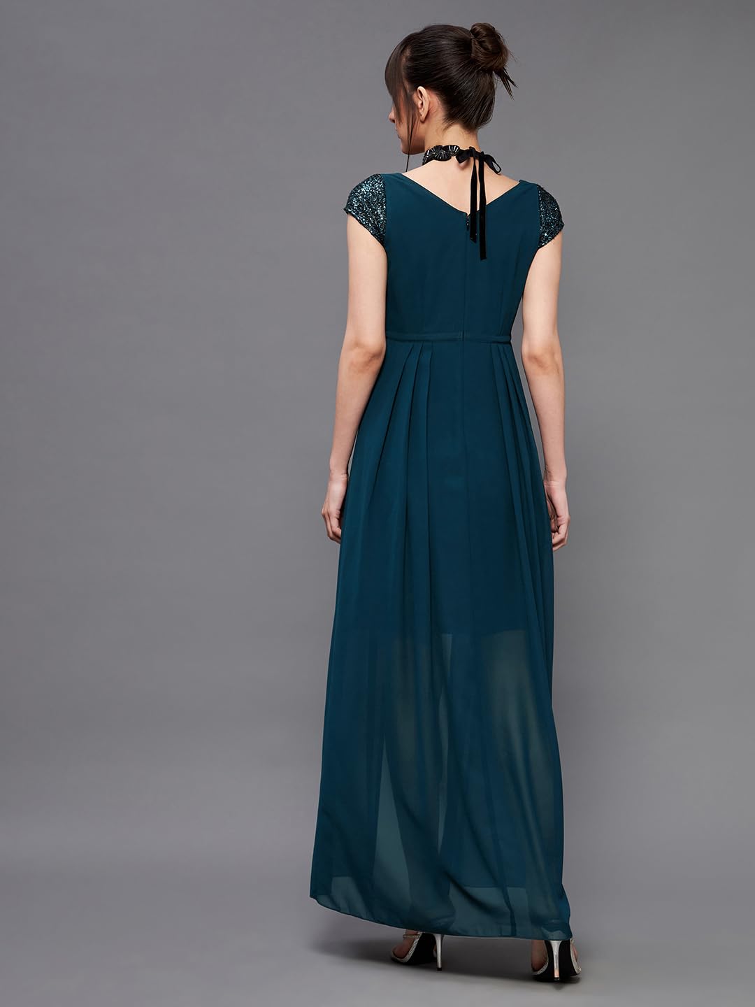 Miss Chase Women's Square Neck Short Sleeve Embellished Layered Maxi Dress (MCSS22D13-70-83-03, Teal, S)