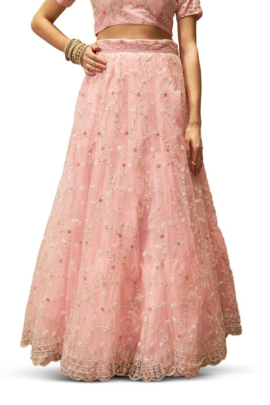 Soch Womens Pink Net Floral Embroidered Stone Embellished Unstitched Lehenga Set