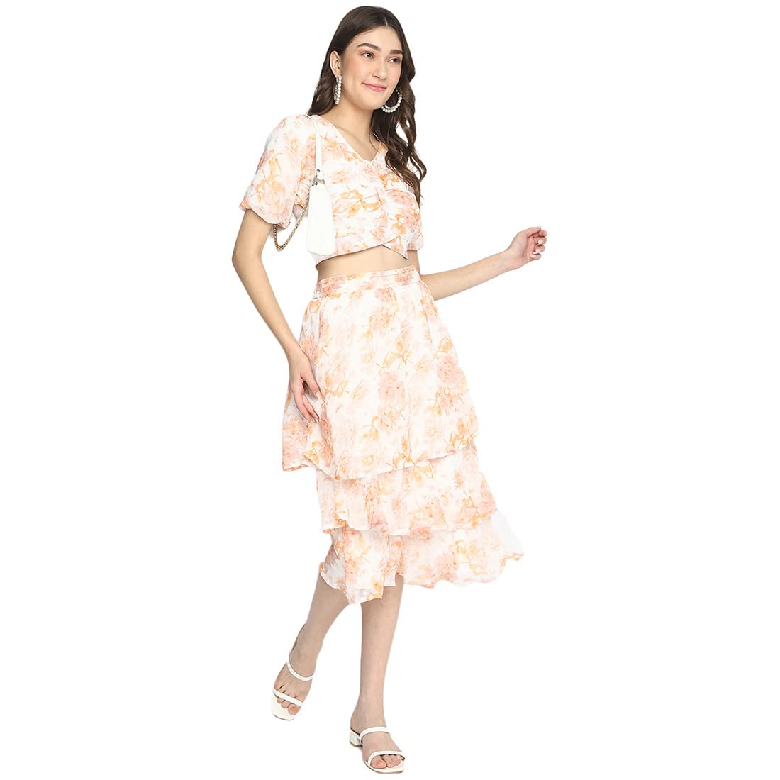 Latin Quarters Women Orange Floral Printed V-Neck with Peasant Sleeves Layered Fit & Flare Dress