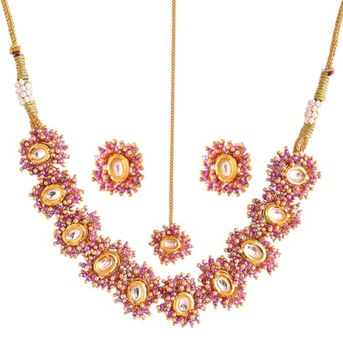 VOYLLA Veerangana Pink Pearls And Kundan Studded Maang Tika Set For Women, Jewellery Set For Women, Womens Gift, Gift For Her