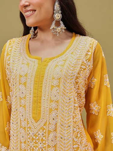 Ada Lucknowi Handmade Chikankari Straight Georgette Kurta with Slip for Women A411220 (Mustard, L)