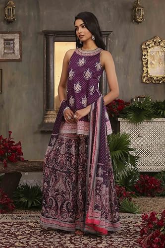 BIBA Women Purple Chanderi Digital Printed Garara Straight Suit Set_38