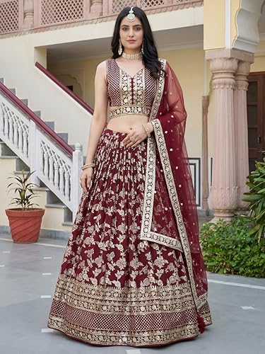 Zeel Clothing Women's Sequins Zari Embroidered Dola Silk Jacquard Lehenga Choli With Dupatta (7100-Maroon-Women-New-Lehenga-Choli, Free size) (Maroon)
