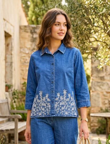 ESSVANE Denim Co Ord Set for Women || Denim Jacket and Pant Set || Embroidered Co Ord Set with Crop Jacket and Pants With Pockets (Mid Blue, M - 30 Waist)