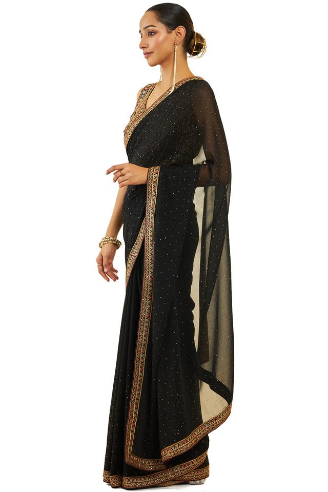 Soch Womens Black Georgette Saree With Stones And Embroidery