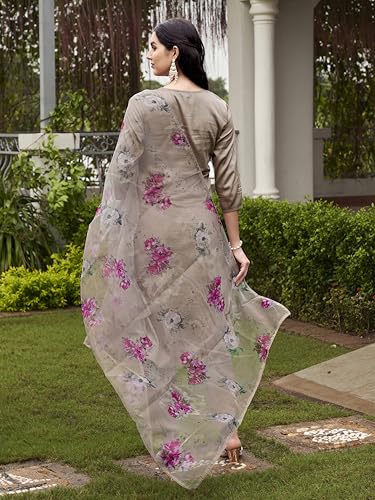Womanista Women's Beige Color Cotton Blend Multi Embroidered Kurta Set With Printed Organza Dupatta(Kurtaset_1340_XL)