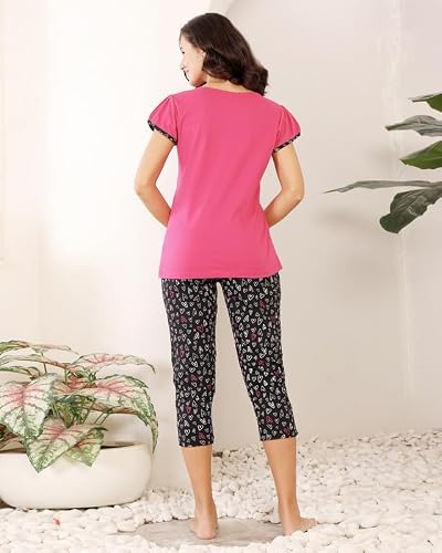 BODYCARE Women's Cotton Printed T-Shirt and Capri Set | Soft & Breathable Nightwear | Short Sleeves | Loungewear Co-Ord Set| BSCS16027_85 Multicolour