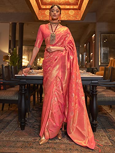 AKHILAM Women's Woven Design Silk Blend Saree With Unstitched Blouse Piece (Peach_KAIROS258006)