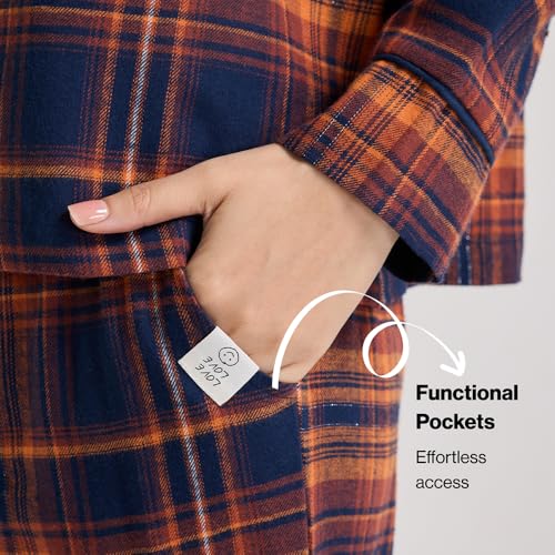 NYKD (NYS902 Cotton Checked Coords Set Night Suit for Women | Relaxed Fit, Collar Neckline Shirt with Full Sleeves & Pants| Perfect for Sleep & Lounge Wear (Navy & Brown, 2XL)