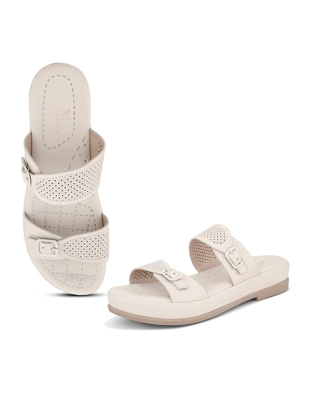XE Looks Elegant Light Cream Stylish Buckle Sandals - Perforated Comfort for Everyday Style