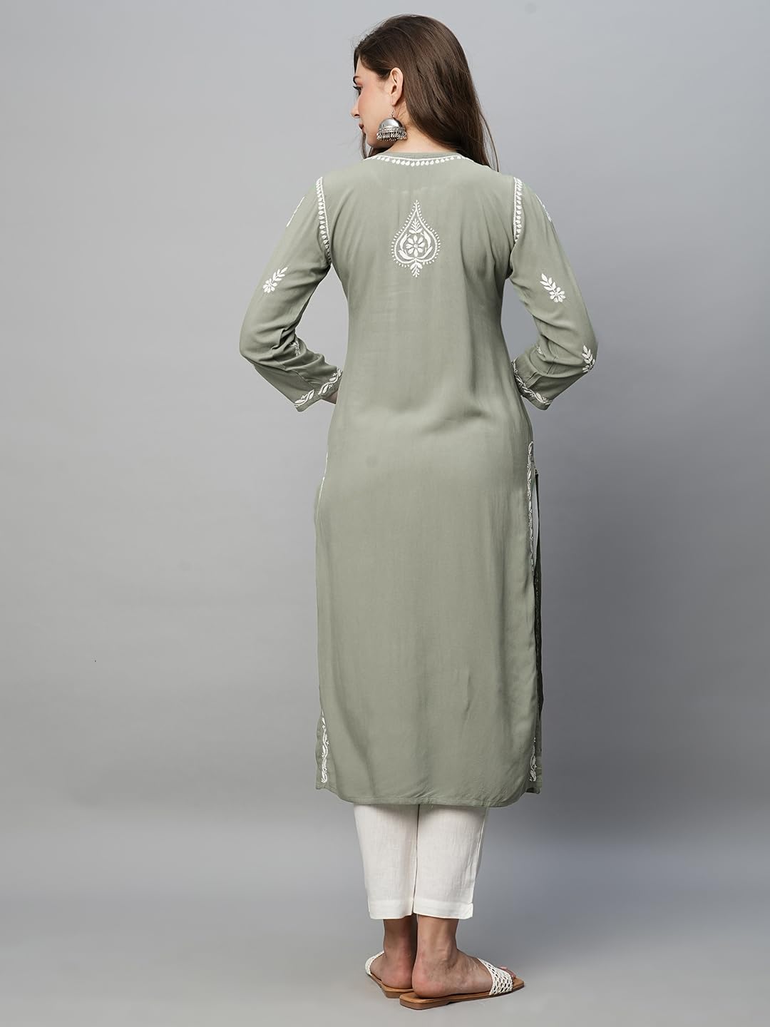 Ada Hand Embroidered Ethnic Wear Straight Rayon Lucknow Chikankari Kurta Kurti Tunic for Women A411492 Grey (M)