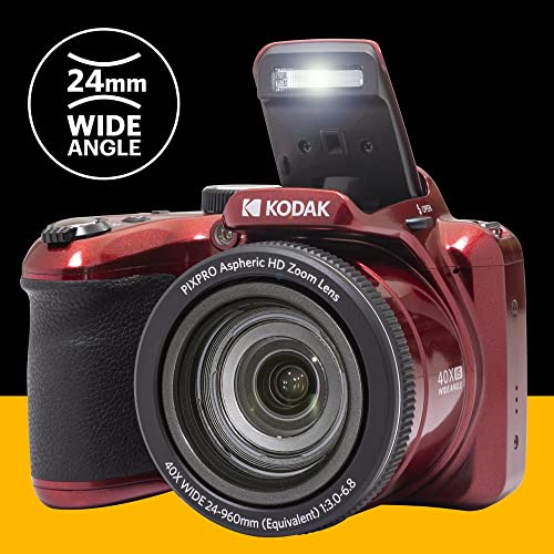 KODAK Pixpro Astro Zoom AZ405 Digital Camera Bridge, X40 Zoom, 24 mm Wide Angle, 20 Megapixels, LCD 3, Full HD 1080p Video, OIS, AA Battery – Red