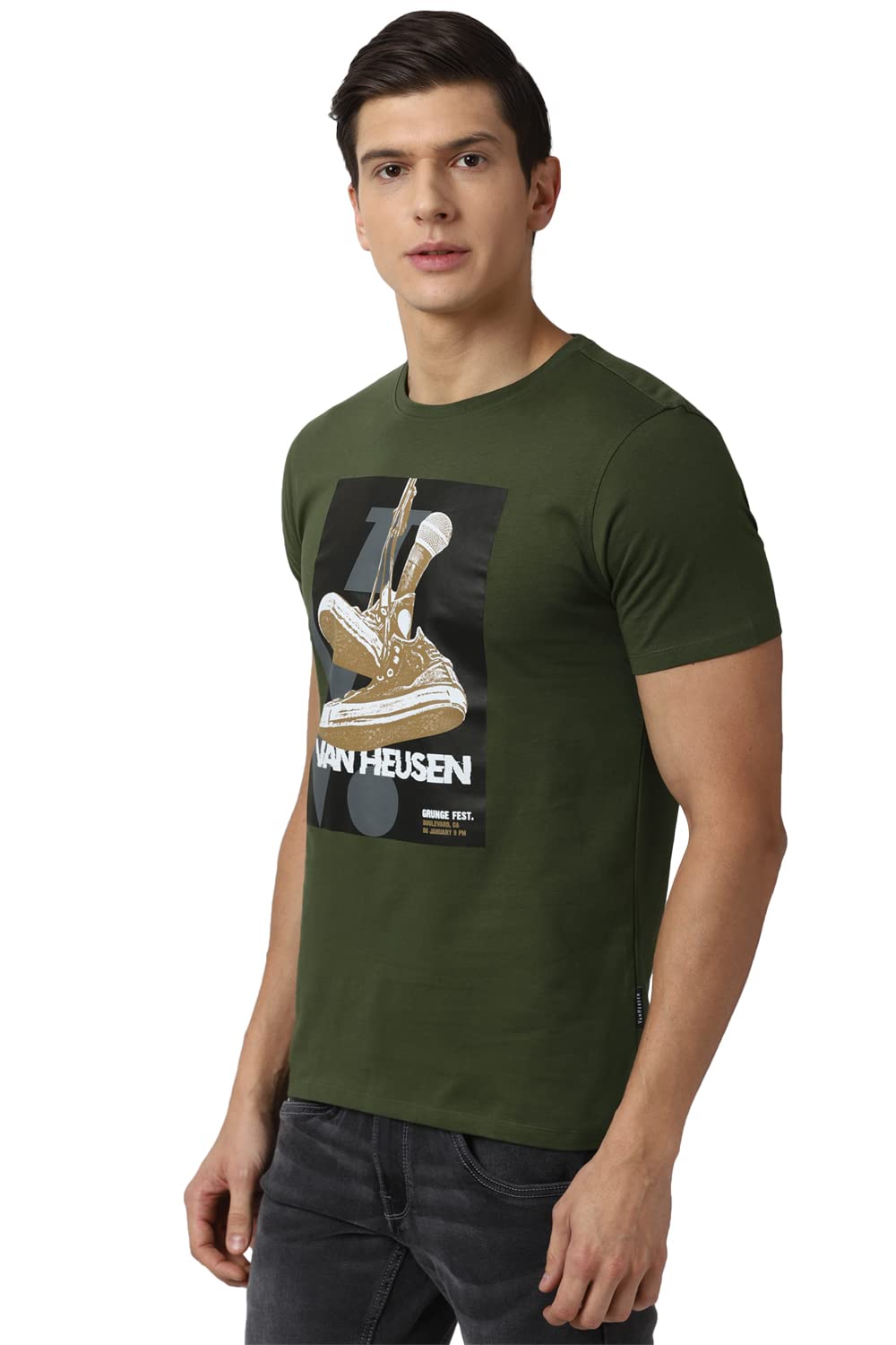 Van Heusen Men's Graphic Slim T-Shirt (VDKCESLF782898_Solid Olive L)