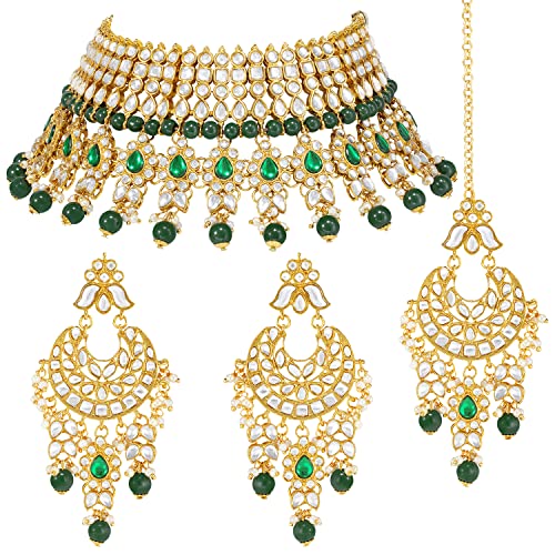Peora Gold Plated Green Kundan Choker Necklace Earrings Maang Tikka Jewellery Set for Women