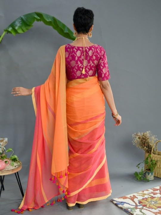 Orange Pink Mul Cotton Striped Saree