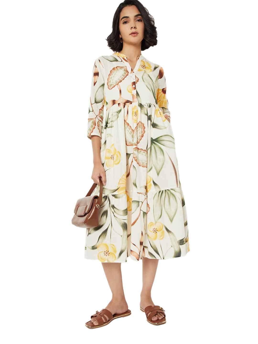 Max Women Printed A-line Dress (White_L)