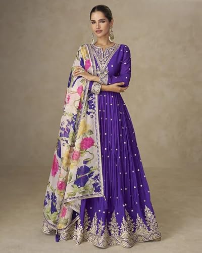 Shampysky Women’s Purple Chinon Embroidered A-Line Gown with Organza Dupatta | Fully Stitched | Full Sleeves (SSW-1306-Purple-M)