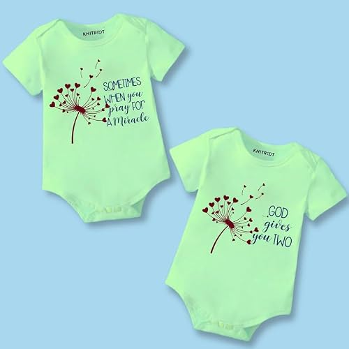 Knitroot Twins Romper, Unisex Baby Kids Twin Onesies, Half Sleeve Bottom Snap Button, Green Cotton Bodysuit, Sleepsuit, Sometimes When You A Pray For A Miracle, 9-12 Months, For Twin Baby Boys & Girls