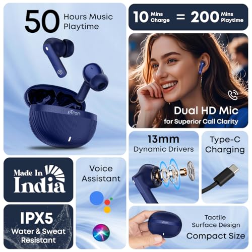 pTron Bassbuds Fury in-Ear TWS Earbuds with 13mm Drivers, 50Hrs Playtime, AI-ENC Clear Calls, Bluetooth V5.4 Wireless Headphones, Voice Assistant, Type C Charging & IPX5 Water Resistant (Blue)
