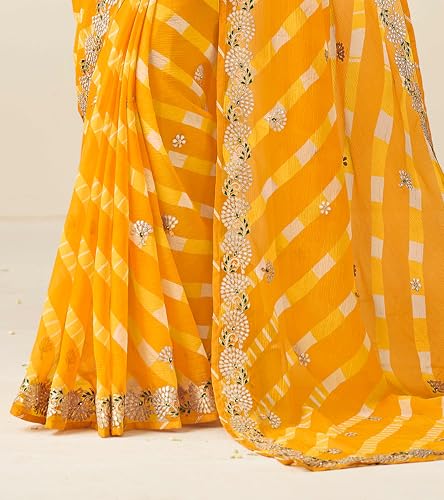 Laxmipati Nazakat Floral Embroidered Chiffon Saree in Yellow Color with Unstitched Blouse