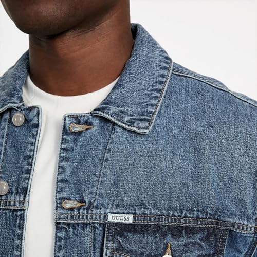 GUESS Men Washed Spread Collar Full Sleeves Denim Jacket
