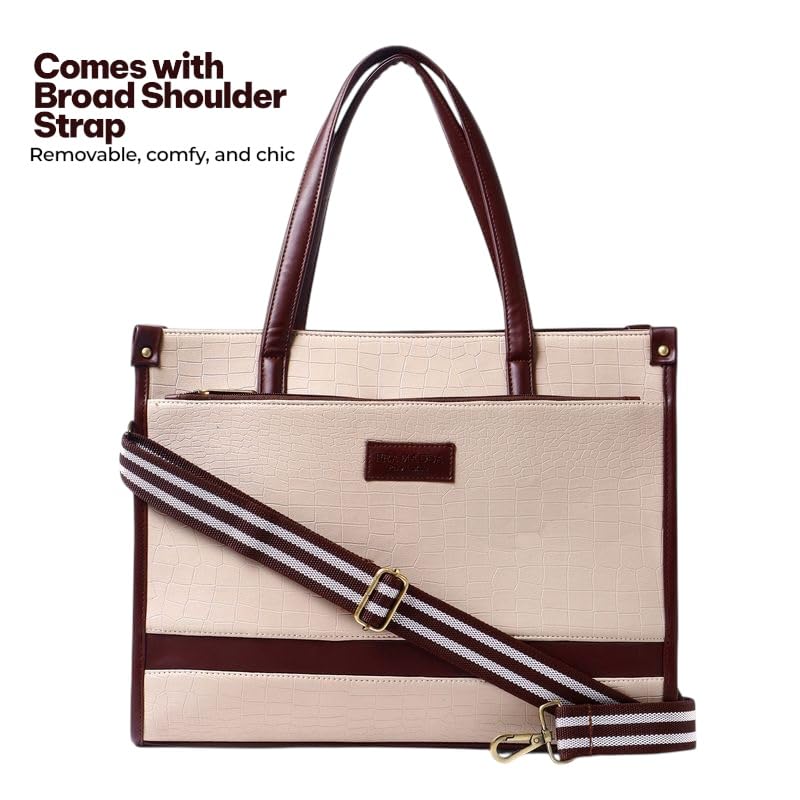 Pramadaa Pure Luxury Classic Madona Work Tote bags for women office use | hand bags for women's stylish | bags for women latest | Laptop Office Shoulder Handbag. (Walnut Beige)