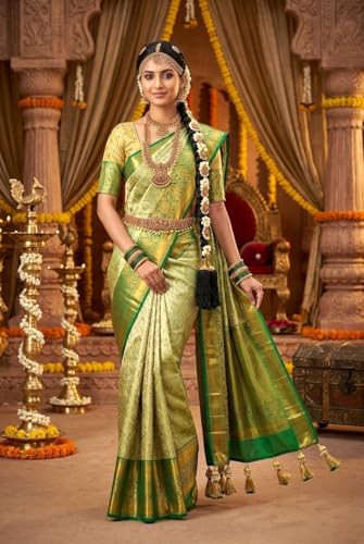 VFCollections Women's Traditional Handloom Kanchipuram Silk Pure Pattu Sarees | Rich Zari Woven Design | Unstitched Blouse (VFC265-3)