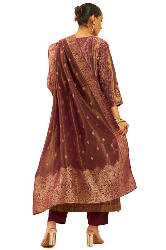 Soch Womens Wine Tissue Silk Blend Woven Design Suit Set With Zardosi Work