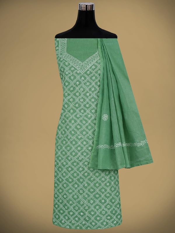 Ada Hand Embroidered Lucknowi Chikankari Unstitched Cotton Dress Material Suit Piece with Dupatta for Women 01A882364 Forest Green