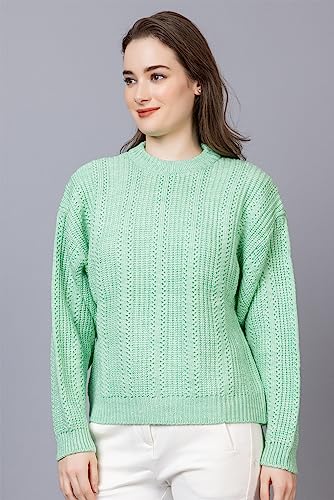 Wear lusso Women Pure Wool Pullover Sweater Regular Fit for Winter | Full Sleeve Stylish Crafted with Comfort and Modern Clothing (Large, Light Green)