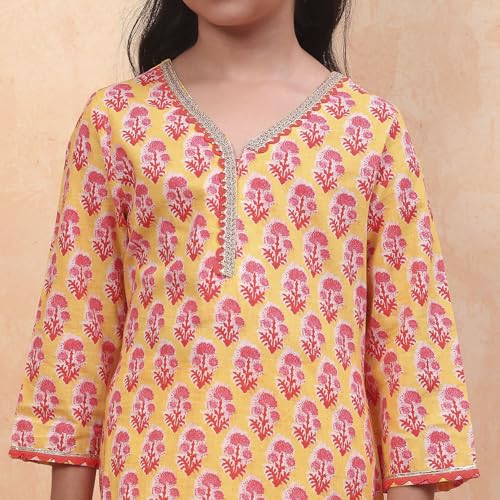 BIBA Girls Yellow Straight Cotton Printed Kurta suit set