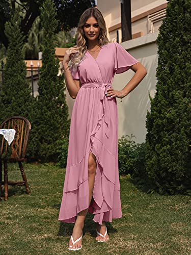 Simplee Womens Summer Chiffon Wrap Casual Maxi Ruffle Split Dress Flowy Bridesmaid Wedding Party Evening Cocktail with Belt, Ruffle-pink Purple, XL