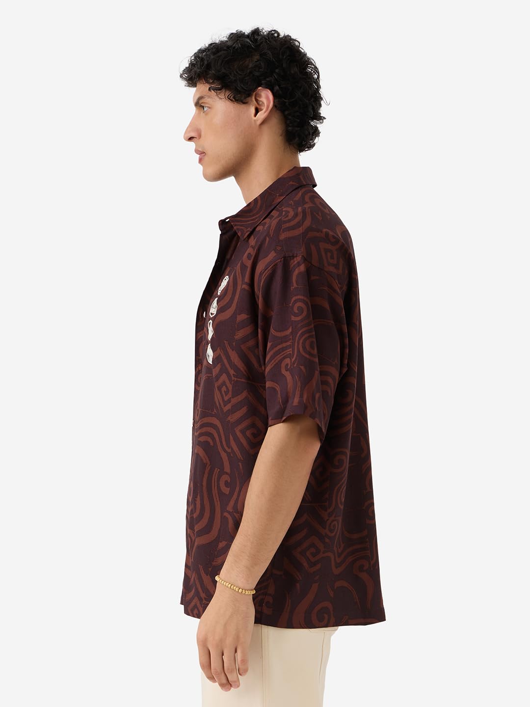 The Souled Store Avatar: Elements Men and Boys Short Sleeves Collared Neck Button Front Brown Embroidered Rayon Oversized Shirts