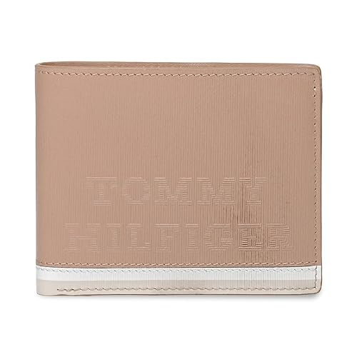 Tommy Hilfiger Men's Leather Wallet Avlona | Textured Khaki+White+Beige Bi-Fold with Global Coin Pocket | Stylish Purse for Gents