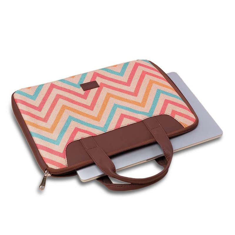 ZOUK WavBeach Wave Printed Women's Jute Handcrafted Vegan Leather Multicolor L Zipper Laptop Sleeve 15.6 inch