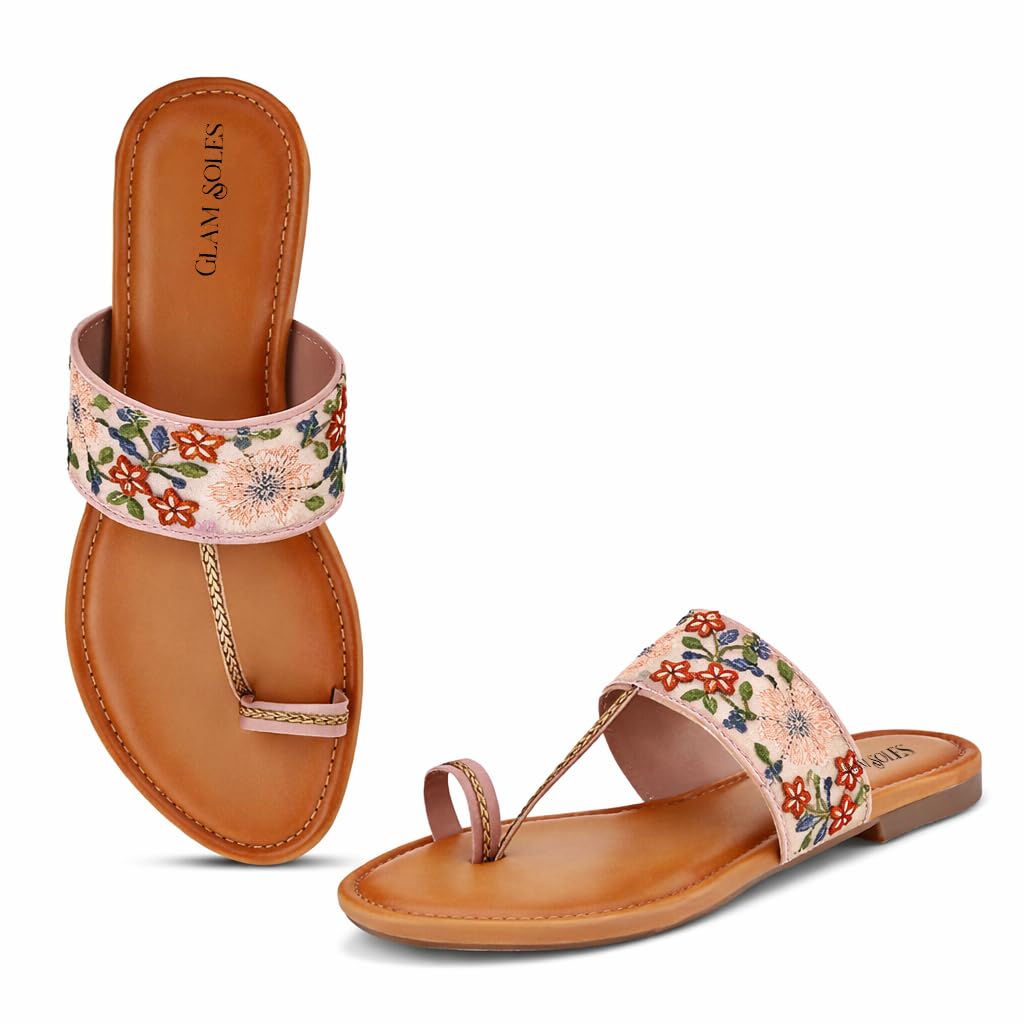 GLAM SOLES Women’s Embroidered Toe-Ring Flats | Elegant Floral Strap Design with Cushioned | Stylish & Comfortable Ethnic Sandals for Girls & Women, Peach