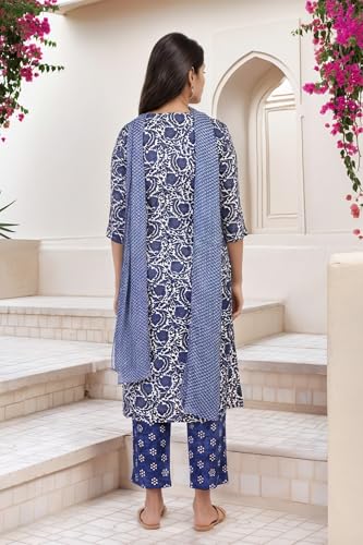 W for Woman Blue Floral Block Print Straight Kurta with Straight Pant and Dupatta Set (WS13531-127098-M)